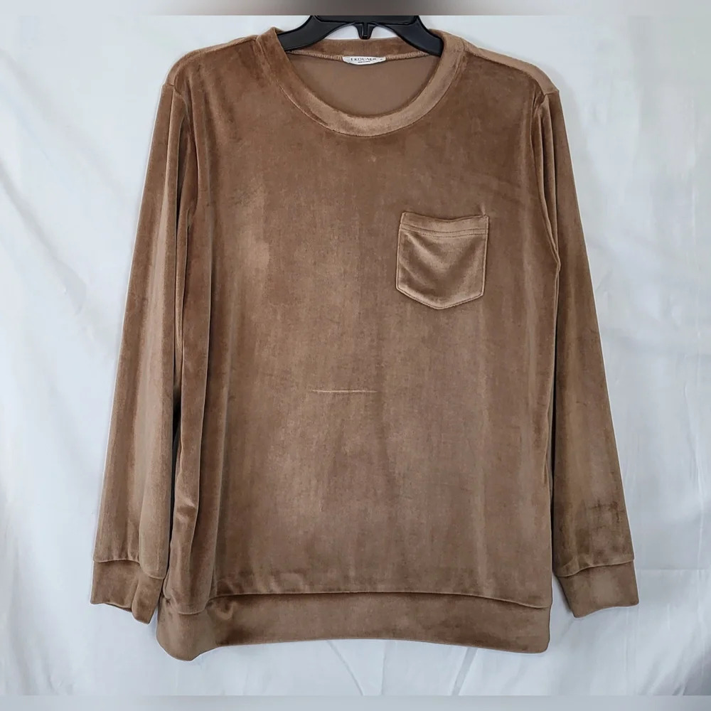 Ekouaer Womens Brown Long Sleeve Velour Pocket‎ Sweater Size M